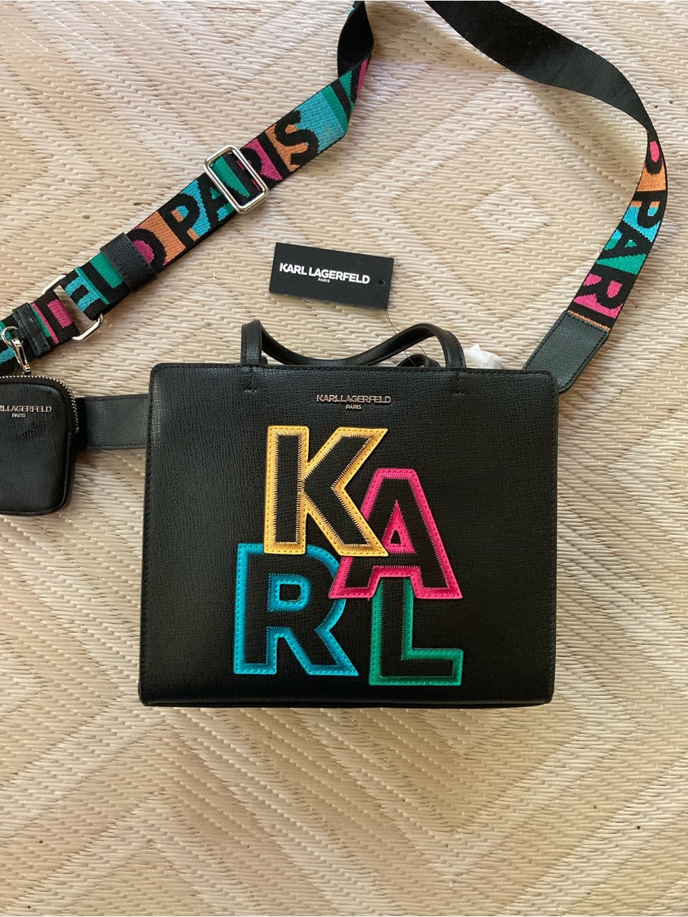 Karl Lagerfeld Black Leather Messenger Bag with Multicolor Logo NWT